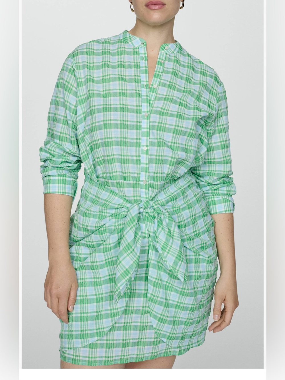 NWT Mango green check plaid long sleeve shirt mini dress tie front Size 1XL